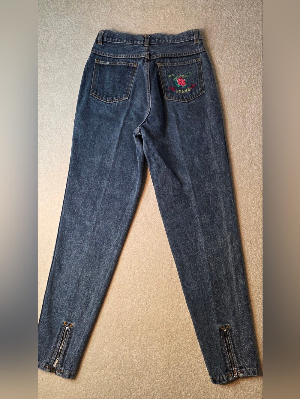 Vintage Jordache Zippered Ankle Jeans Embroidered Patches Dark Wash Womens 9/10